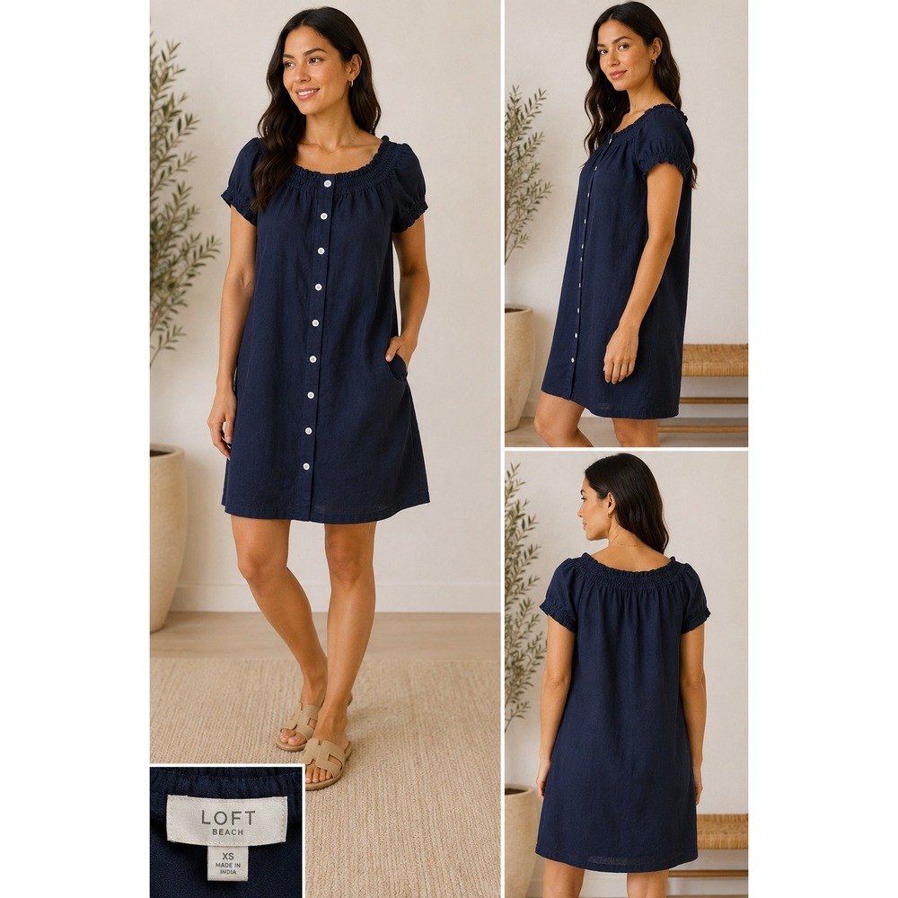 Loft Beach Linen Blend Smocked Off Shoulder Button Shift Mini Dress Navy XS